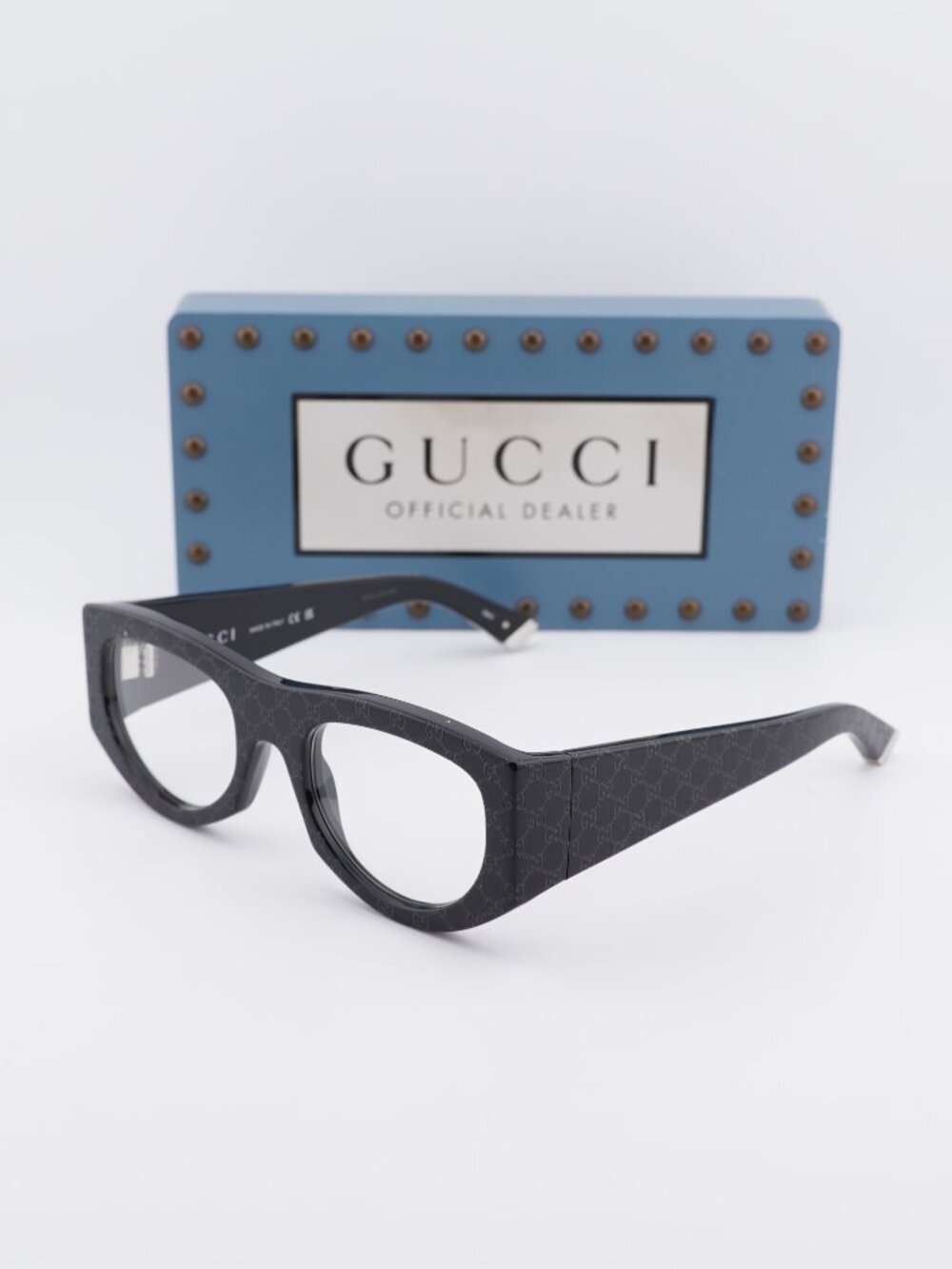 Gucci GG1918S 001 Square Sunglasses - Shiny Black with GG Pattern/Clear UV
